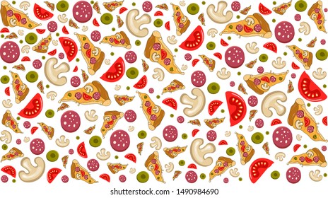 Pizza background.Pizza slices with sausage, mushrooms, olives and tomato. Work has been done in detail. Background for web site.
