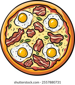 Pizza with bacon and egg, greens, vector illustration, isolated on white background