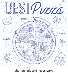 Pizza with bacon on a notebook page