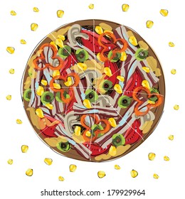 Pizza with bacon, pepper and tomatoes, vector illustration 