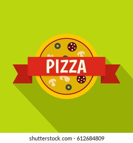 Pizza badge with red ribbon icon. Flat illustration of pizza badge with red ribbon vector icon for web isolated on lime background