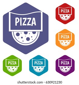 Pizza badge or signboard icons set hexagon isolated vector illustration