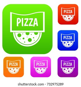 Pizza badge or signboard set icon color in flat style isolated on white. Collection sings vector illustration