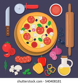 Pizza with baking ingredients and  rolling pin. Vector illustration