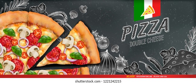 Pizza banner ads with 3d illustration food and woodcut style illustration on chalkboard background