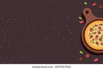 Pizza banner or background. pizza on the board. Vector illustration.