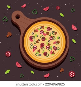 Pizza banner or background. Pizza on the board. Vector illustration.