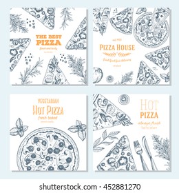 Pizza banner design template. Flyer design collection. Vector illustration drawn with ink. Vertical vintage banner set.