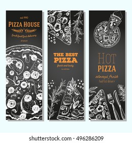 Pizza banner design template. Flyer design collection. Vector illustration drawn with ink. Vertical vintage banner set. Linear drawn vector illustration. Banner set.