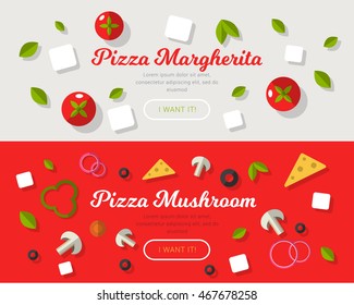 Pizza banner in flat style including popular pizza varieties Mushroom and Margherita. Italian food