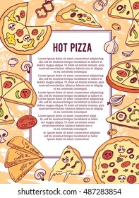 Pizza banner or  flyer. Good as a template of advertisement, menu card brochure and invitation. Vector illustration in sketch hand drawing style, for cuisine business design