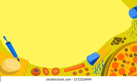 Pizza banner, poster or background for cooking class or recipe or menu. Top view illustration of how to make pizza. Pizza dough to tomato dicing, pepperoni slicing and cheese grating. 