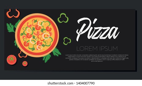 Pizza banner, realistic pizza with ingredients on a dark background, poster, flyer. Pizzeria design concept for cafes, restaurants. Vector illustration