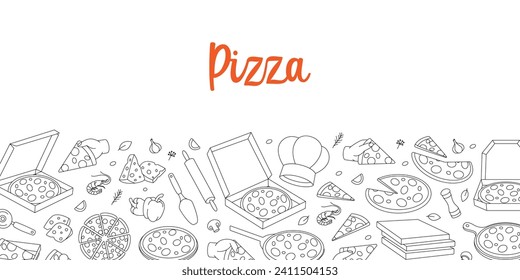 Pizza banner. Traditional italian fast food. Restaurant cafe menu. Whole and pieces italian pizza. Vector illustration.