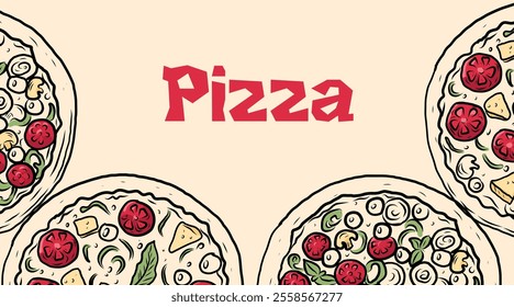 pizza banner, vector illustration, cheese, tomato, basil, mushrooms, line art style