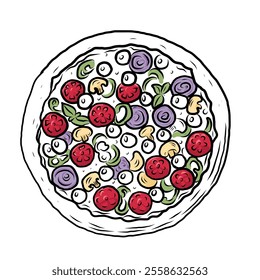 pizza banner, vector illustration, cheese, onion, blue onion, tomato, basil, mushrooms, line art style