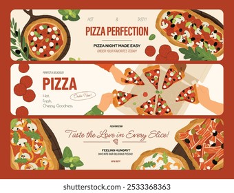 Bandeiras de pizza. Plana nacional italiano ingredientes alimentares e pratos, cozinha nacional restaurante menu design com pizza pepperoni tomate. Conjunto de vetores.