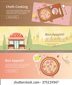 Pizza banners poster, top view: chefs cooking a tasty Pizza. Pizza ingredients and wooden worktop. Pizza shop and bakery. Pizza eating  top view. Pizza dinner. Pizza ingredient. Pizza icon
