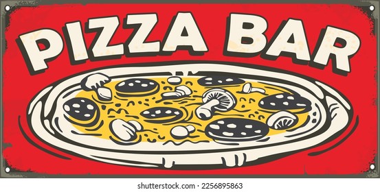 Pizza bar vintage sign design with comic style pizza vector drawing on red background. Food poster. Pizzeria inscription.