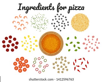 Pizza Base And Different Ingredients. Object For Packaging, Advertisements, Menu. Isolated On White. Vector Illustration. Cartoon.