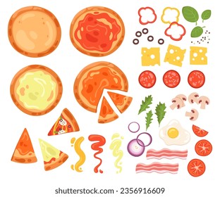 Constructor de ingredientes de base de pizza aislado con verduras, queso, carne de tocino, ilustración vectorial de salsa. Preparación de comida chatarra, plato italiano, cocina pizzería deliciosa nutrición