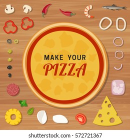 Pizza Base With Ingredients On Wooden Table. Make Your Pizza.