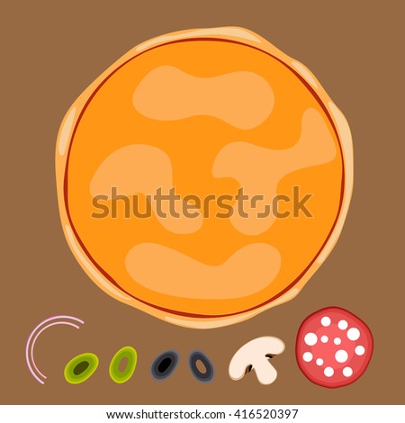 Pizza base and pizza toppings of onions, black and green olives, mushrooms, salami or pepperoni. Set of ingredients for making pizza Vector Illustration