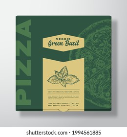 Pizza with Basil Herb Realistic Cardboard Box Mockup. Abstract Vector Packaging Design or Label. Modern Typography, Sketch Food and Color Paper Background Layout. Isolated.