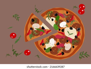 Pizza with basil leaves, tomatoes, sauce, mozzarella cheese, mushrooms and black olives.