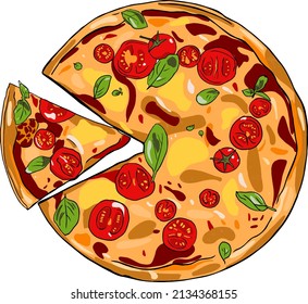 pizza con albahaca y tomates en vectores - archivo eps - pizza entera - rebanada de pizza