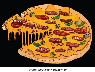 pizza , beautiful vector illustration ,black background , olives, tomatoes , cheese ,salami
