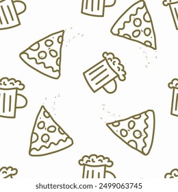 Pizza und Bier. nahtloses Muster aus Pizza und Bier. handgezeichnete Vektorgrafik von doodle. Vorlage für Notebook-Hüllen, Muster für Tapeten, für Café, Fast Food Restaurant. Junkfood