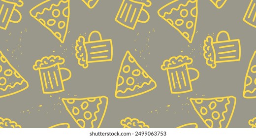 Día de la pizza y la cerveza. patrón sin fisuras de pizza y cerveza. Ilustración vectorial dibujada a mano doodle. Plantilla para las cubiertas del cuaderno, modelo para los Fondos de pantalla, para la cafetería, restaurante de comida rápida. comida chatarra