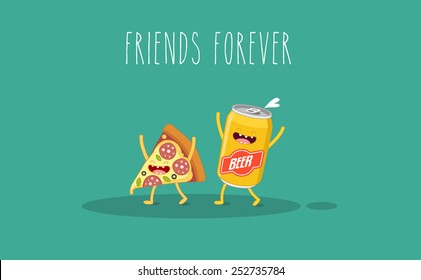 Pizza   beer  Fast food  Vector cartoon  Friends forever  Comic characters  You can use in the menu  in the shop  in the bar  the card stickers  Easy to edit 