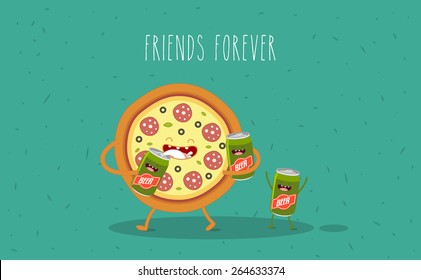 Pizza   beer  Fast food  Vector cartoon  Friends forever  Comic characters  You can use in the menu  in the shop  in the bar  the card stickers  Easy to edit  