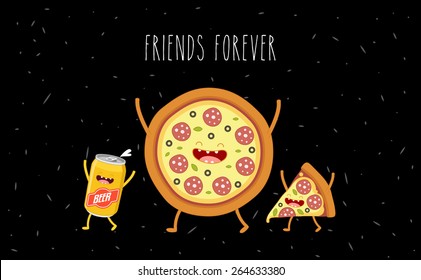 Pizza and beer. Fast food. Vector cartoon. Friends forever. Comic characters. You can use in the menu, in the shop, in the bar, the card or stickers.