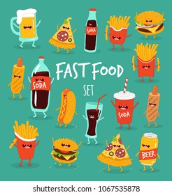 Pizza, beer, french fries, cola, hamburger, hot dog, sausage, funny fast food set. Vector illustration. Use for card, poster, banner, web design and print on t-shirt. Easy to edit.