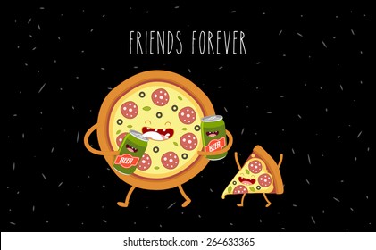 Pizza   beer  Funny pizza  Fast food  Vector cartoon  Friends forever  Comic characters  Use for the menu  in the shop  in the bar  the card stickers  Easy to edit  