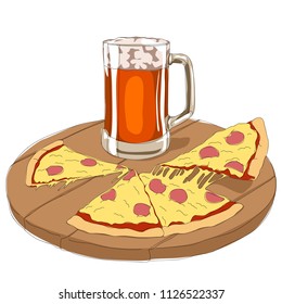 Pizza and beer. A piece of pizza. Tastes. Friends. Bar