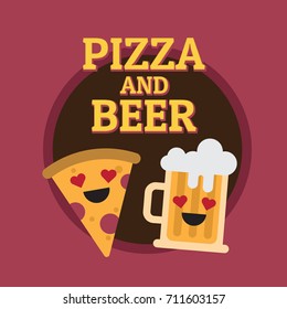 Pizza and beer sign with heart shaped eyes icons. Flat design vectors.