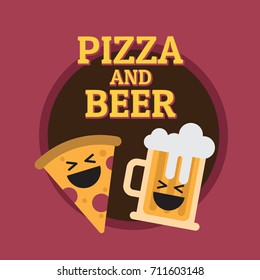 Pizza and beer sign with laughing icons. Flat design vectors.