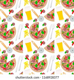 Pizza with beer, vector pattern on a white background