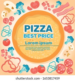 Pizza Best Price Social Media Post Flat Template. Pizzeria Advertising, Discount Coupon Design. Street Food Restaurant Sale. Cafe Meals Special Offer Poster, Flyer Cartoon Vector Layout