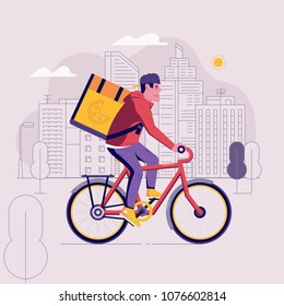 Pizza bicycle delivery man with parcel box on the back. Ecological city bike food delivering service concept with courier carrying package on modern city background. Food delivery cyclist.