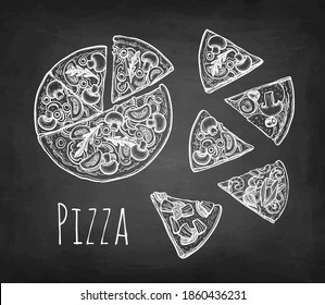 Pizza big set. Chalk sketch on blackboard background. Hand drawn vector illustration. Retro style.