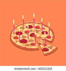 Pizza birthday cake. Concept vector illustration.