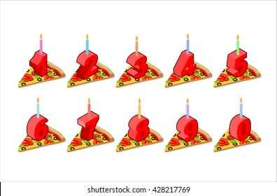 Pizza and  birthday numbers candles set. holiday tortilla slice isometric. Fast food for feast. numeral cartoon style. Dialling for anniversary
