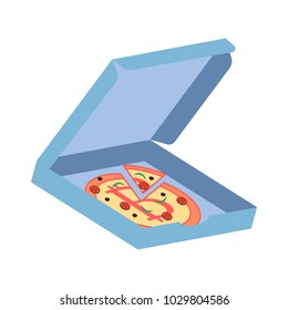 Pizza with Bitcoin symbol in the blue box. Vector illustration on the white background.