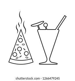 Pizza and black cocktail on white background, vector