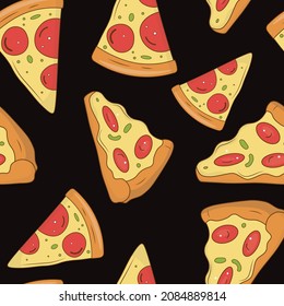 Pizza black food surface vector seamless repeat pattern.